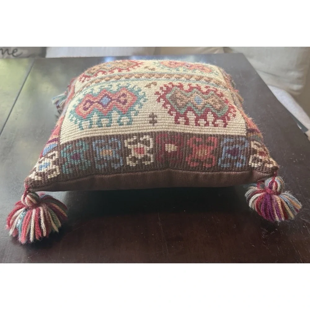 Exquisite Handmade Vintage Turkish Kilim Style Rug Pillow 12x12, Tassels Charms